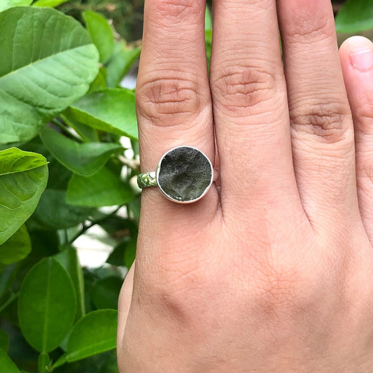 Natural Raw Rough Round Moldavite Ring 925 Solid Sterling Silver Czech Republic Moldavite Gemstone Women's Ring