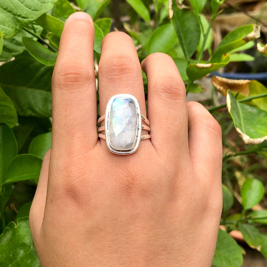 925 Sterling Silver Rainbow Moonstone Gemstone Women's Ring Gift For Her