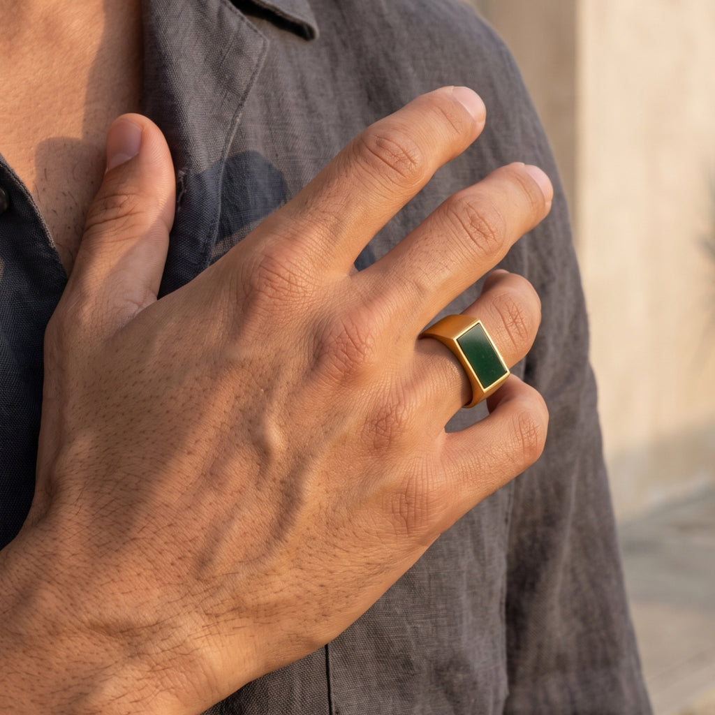 Prestige Green Onyx Signet Ring – Gold Vermeil 925 Sterling Silver