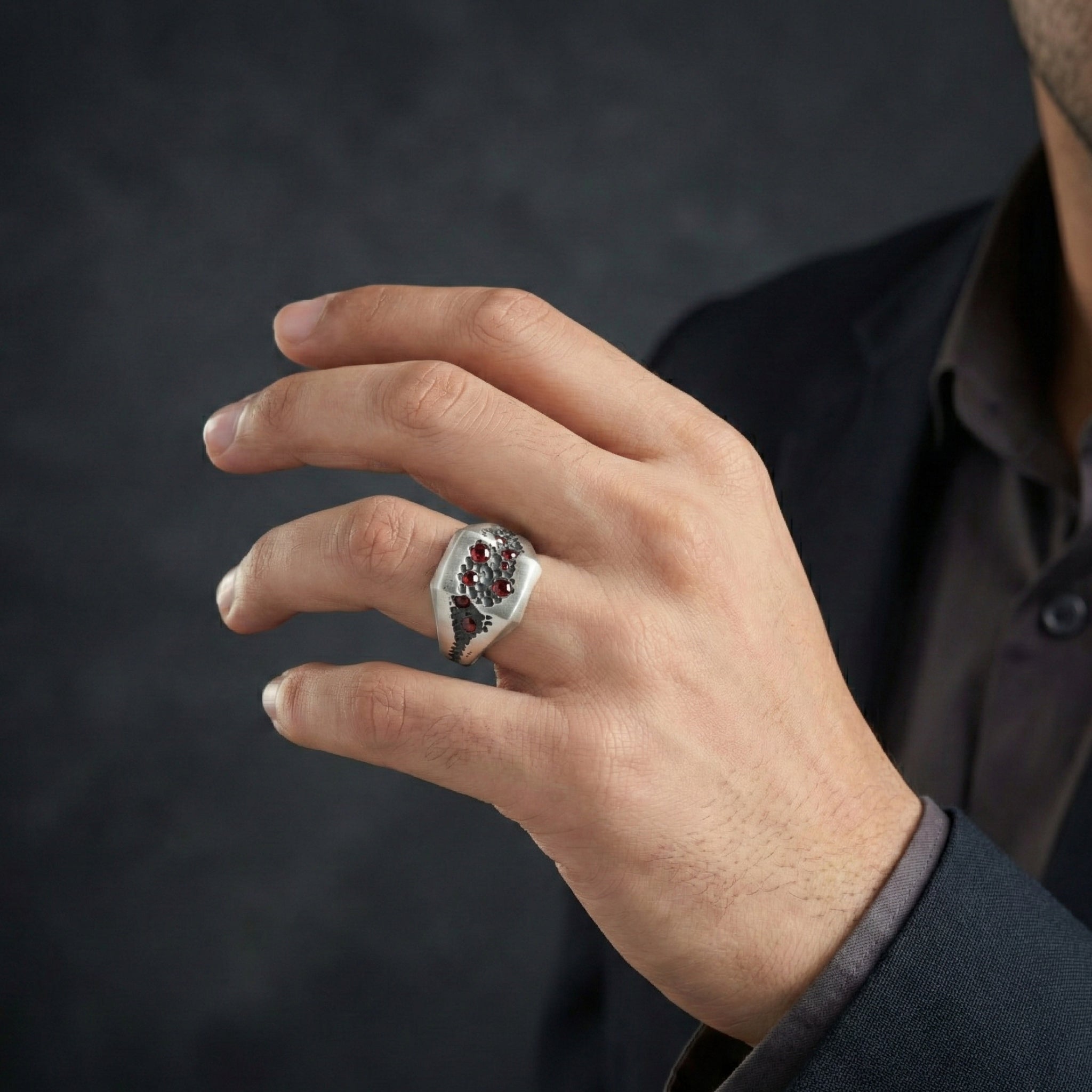 Handcrafted 925 Sterling Silver Red Garnet Ring | Luxury Statement Ring for Men | Matte Finish