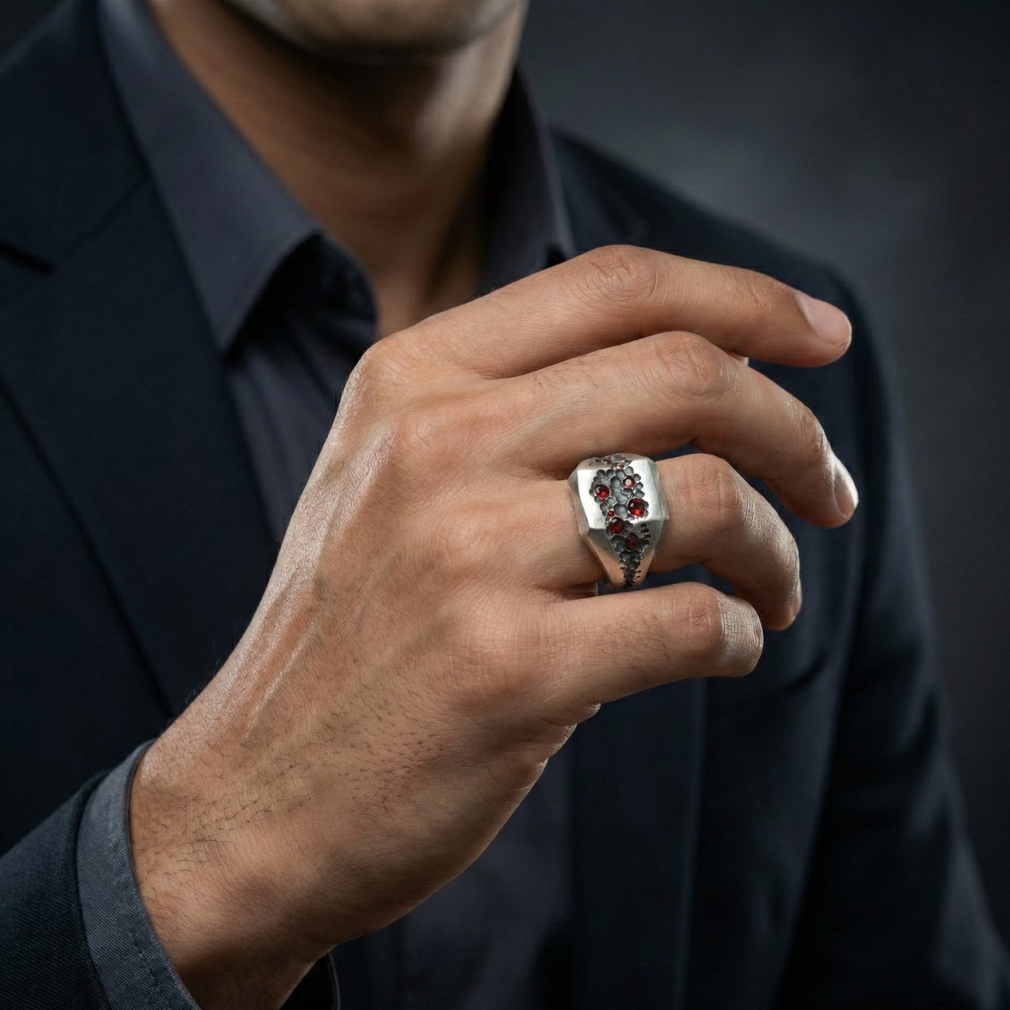 Handcrafted 925 Sterling Silver Red Garnet Ring | Luxury Statement Ring for Men | Matte Finish