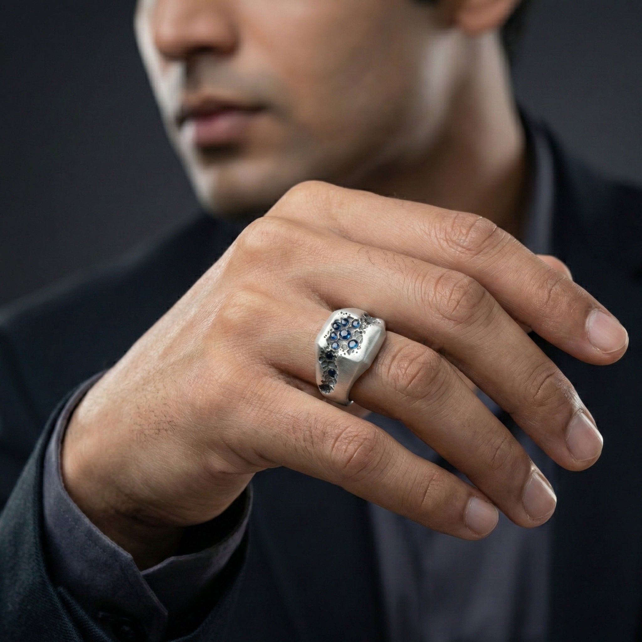 Handcrafted 925 Sterling Silver Blue Sapphire Ring | Luxury Statement Ring for Men | Matte Finish