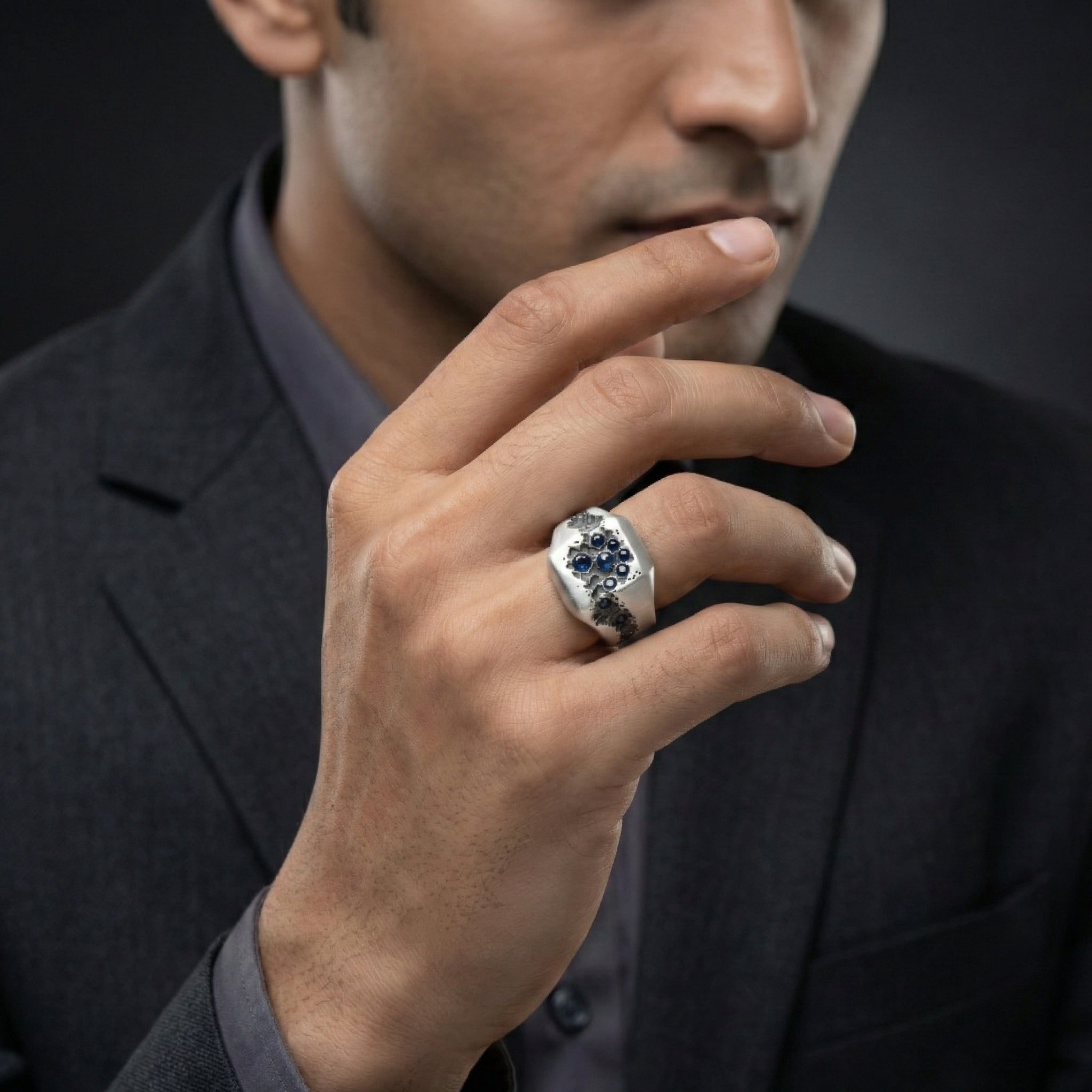 Handcrafted 925 Sterling Silver Blue Sapphire Ring | Luxury Statement Ring for Men | Matte Finish