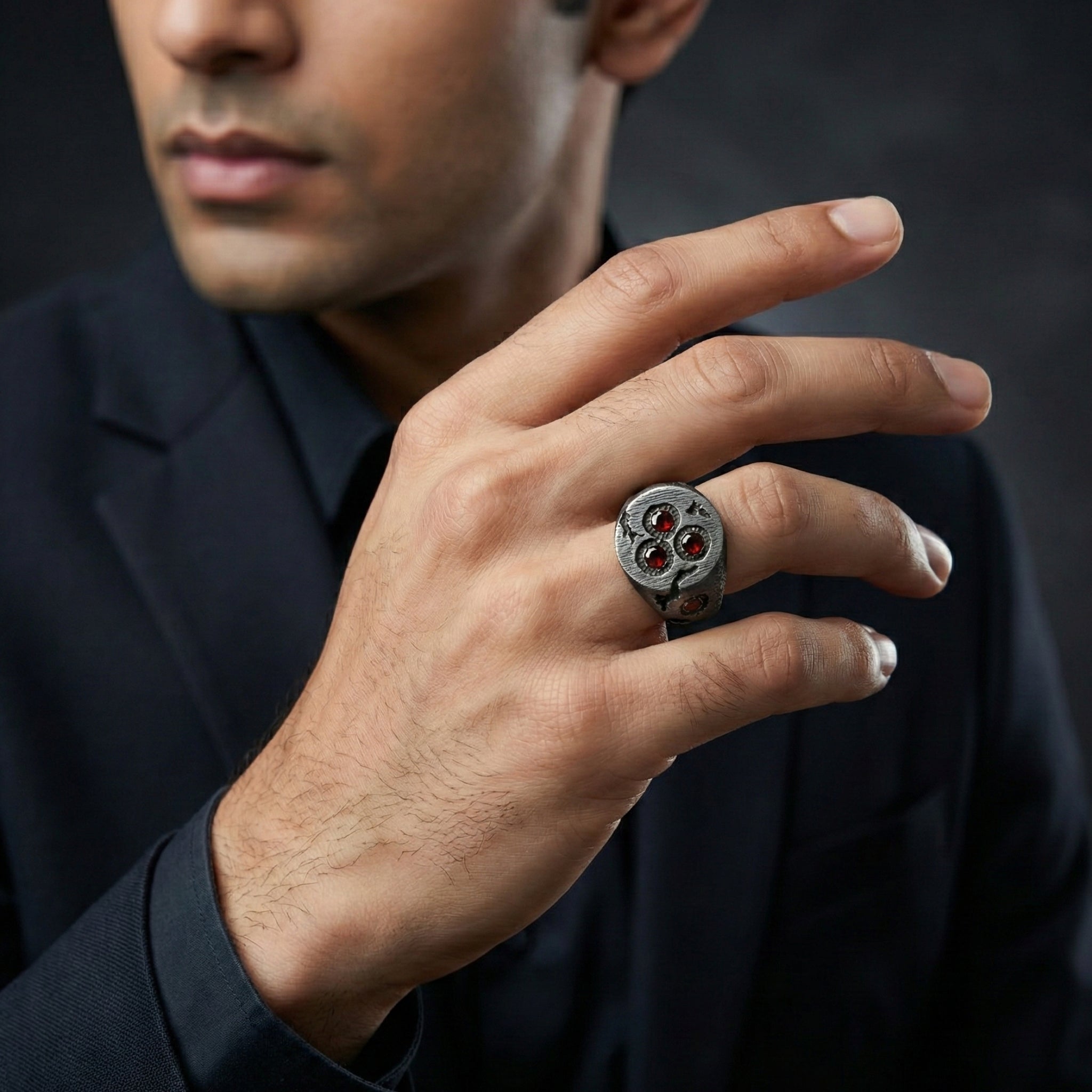 Handcrafted 925 Sterling Silver Red Garnet Ring | Luxury Statement Ring for Men | Oxidized Finish