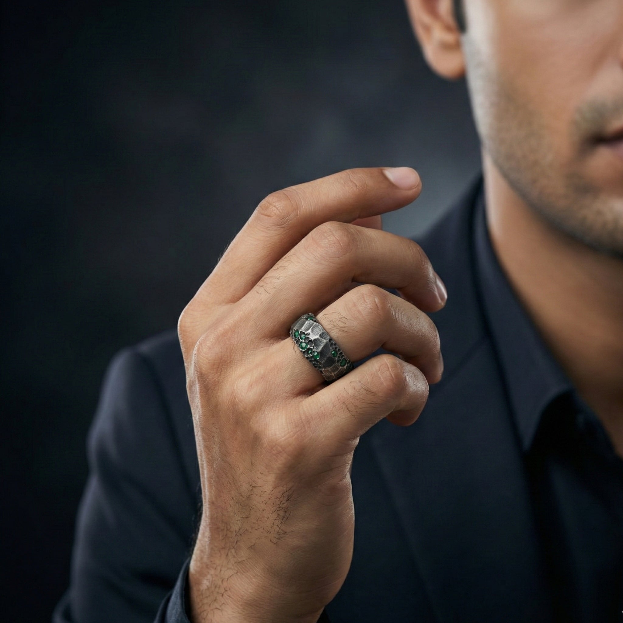 Handcrafted 925 Sterling Silver Green Emerald Ring | Luxury Statement Ring for Men | Oxidized Finish