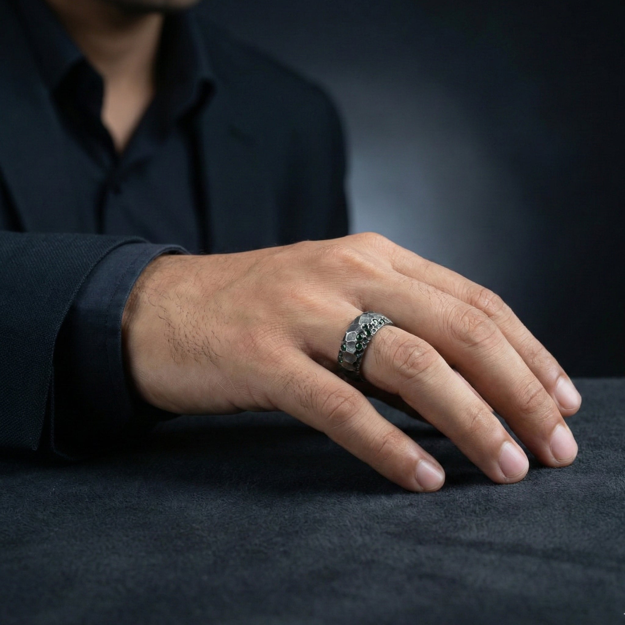 Handcrafted 925 Sterling Silver Green Emerald Ring | Luxury Statement Ring for Men | Oxidized Finish