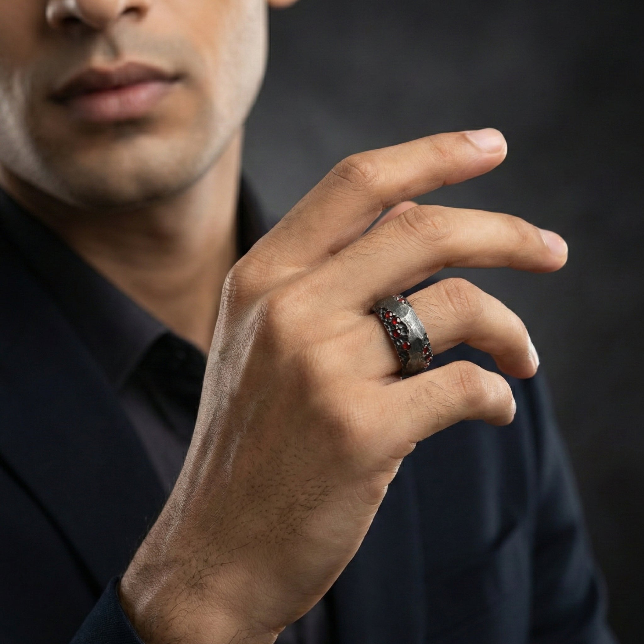 Handcrafted 925 Sterling Silver Red Garnet Ring | Luxury Oxidized Statement Band for Men | Oxodize Finish