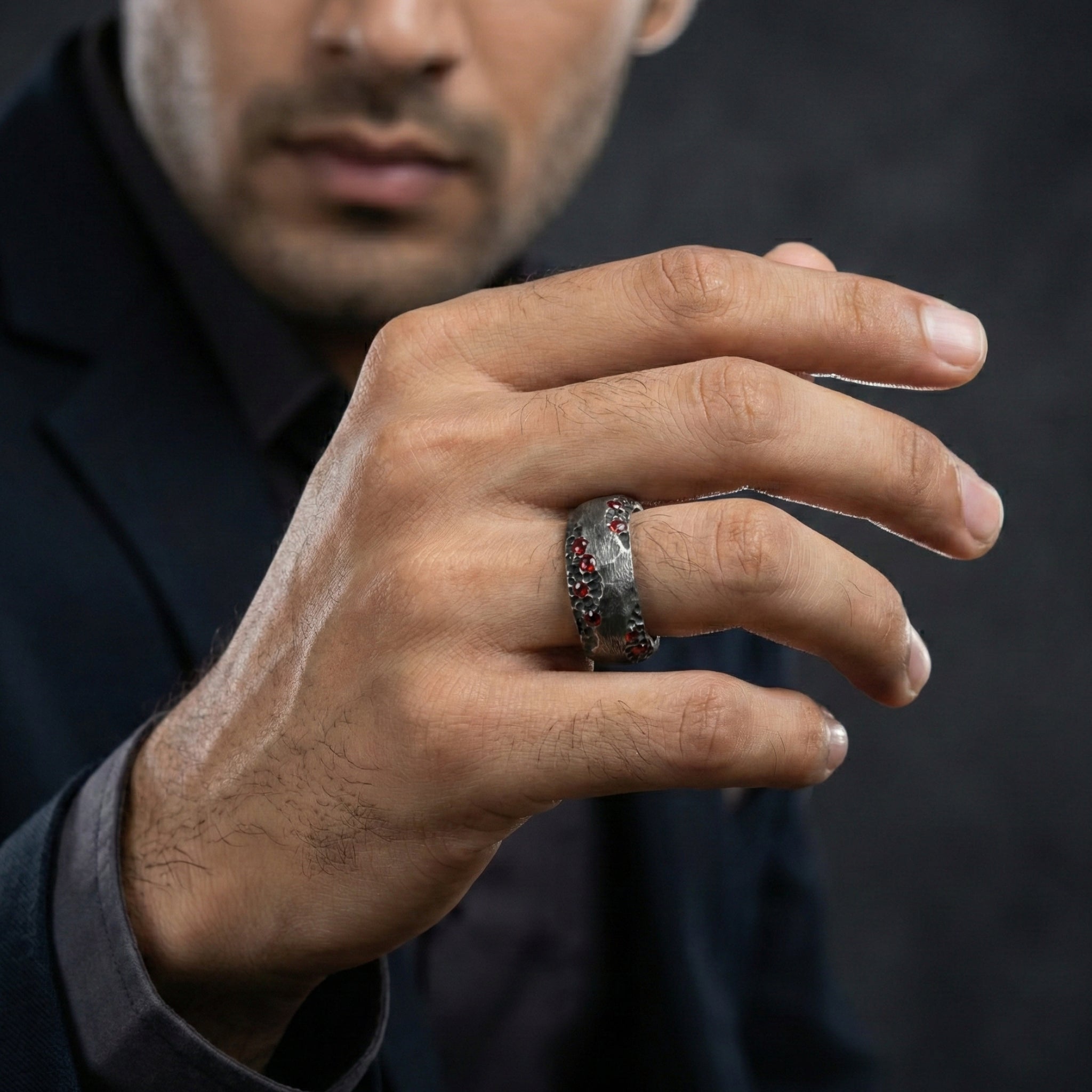 Handcrafted 925 Sterling Silver Red Garnet Ring | Luxury Oxidized Statement Band for Men | Oxodize Finish