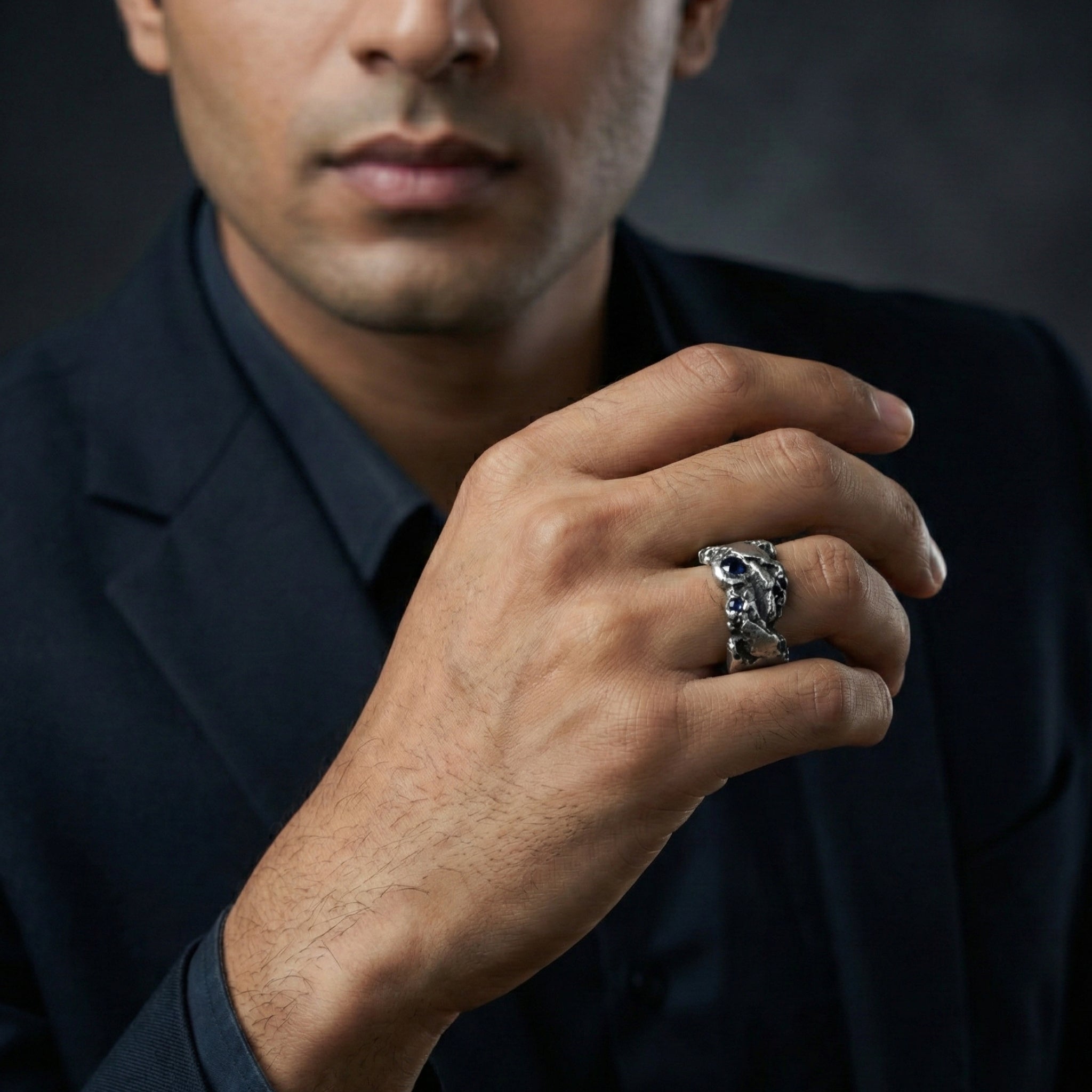 Handcrafted 925 Sterling Silver Blue Sapphire Ring | Luxury Oxidized Statement Ring for Men | Oxodize Finish