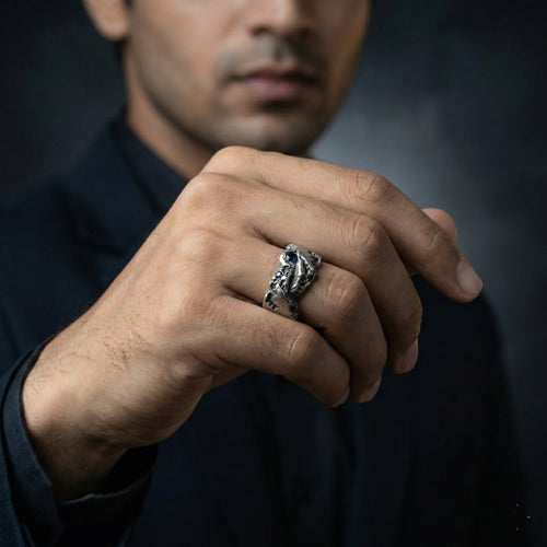 Handcrafted 925 Sterling Silver Blue Sapphire Ring | Luxury Oxidized Statement Ring for Men | Oxodize Finish