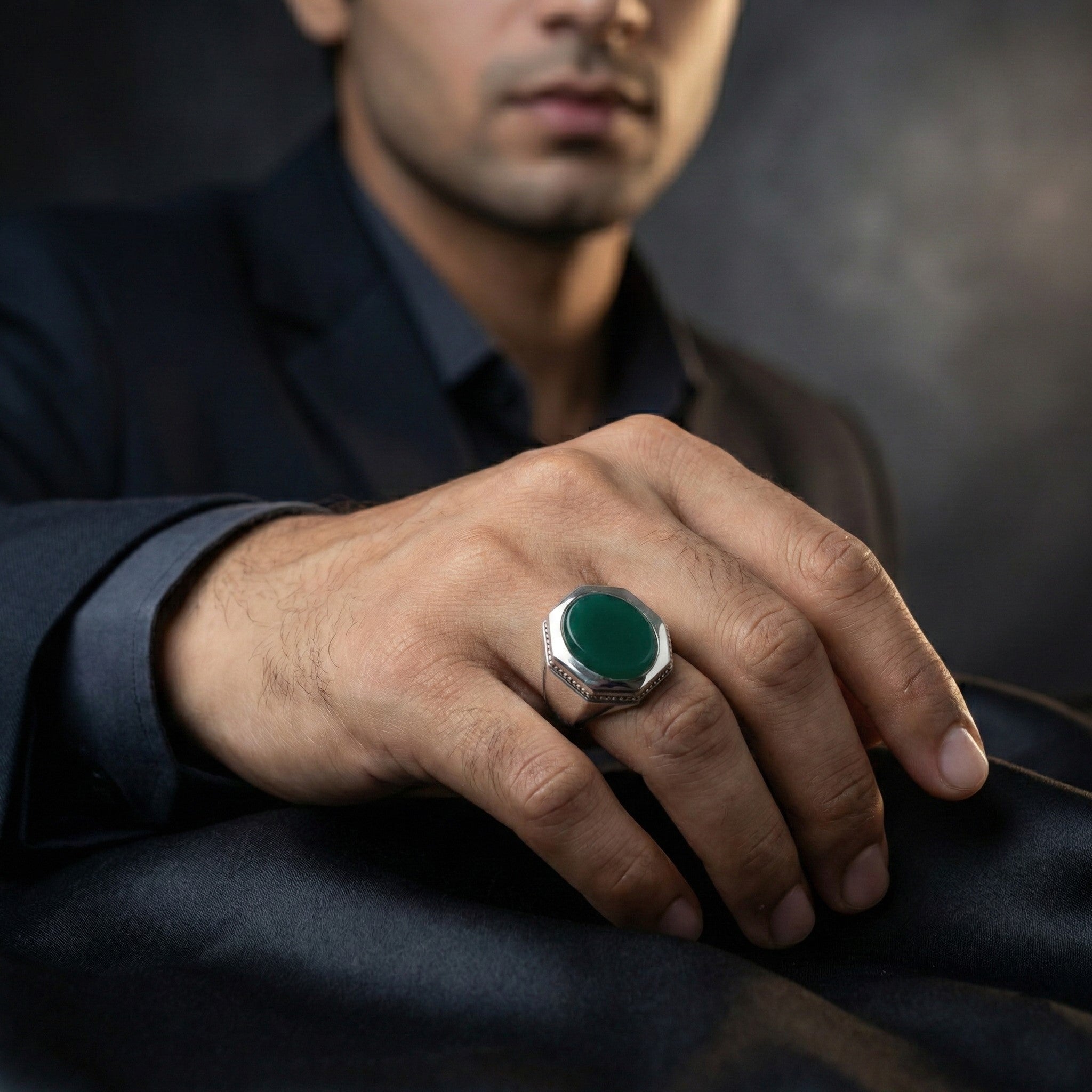 Handcrafted 925 Sterling Silver Green Onyx Ring | Luxury Statement Ring for Men | High Polish Finish