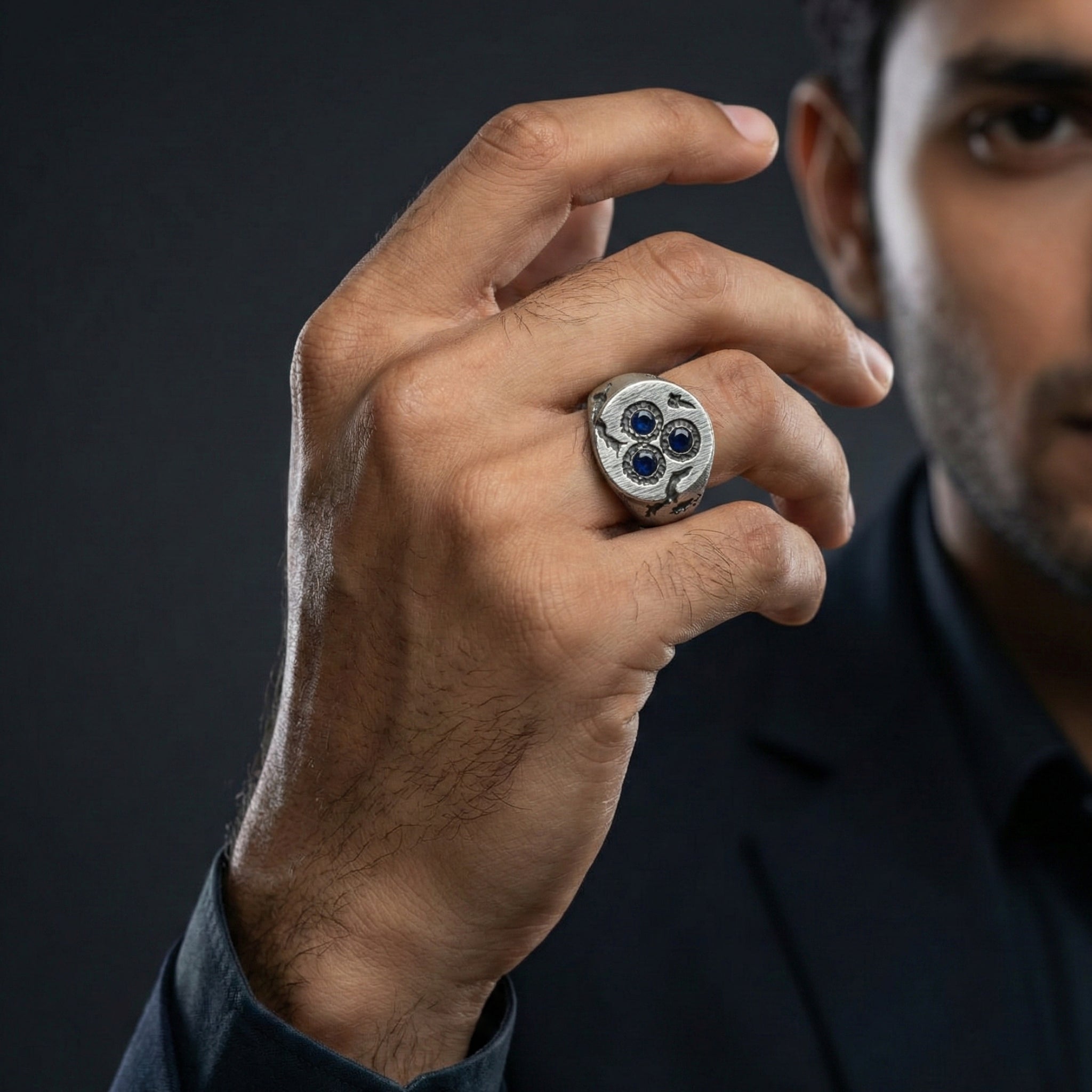 Handcrafted 925 Sterling Silver Blue Sapphire Cluster Ring | Luxury Statement Ring for Men | Oxodize Finish