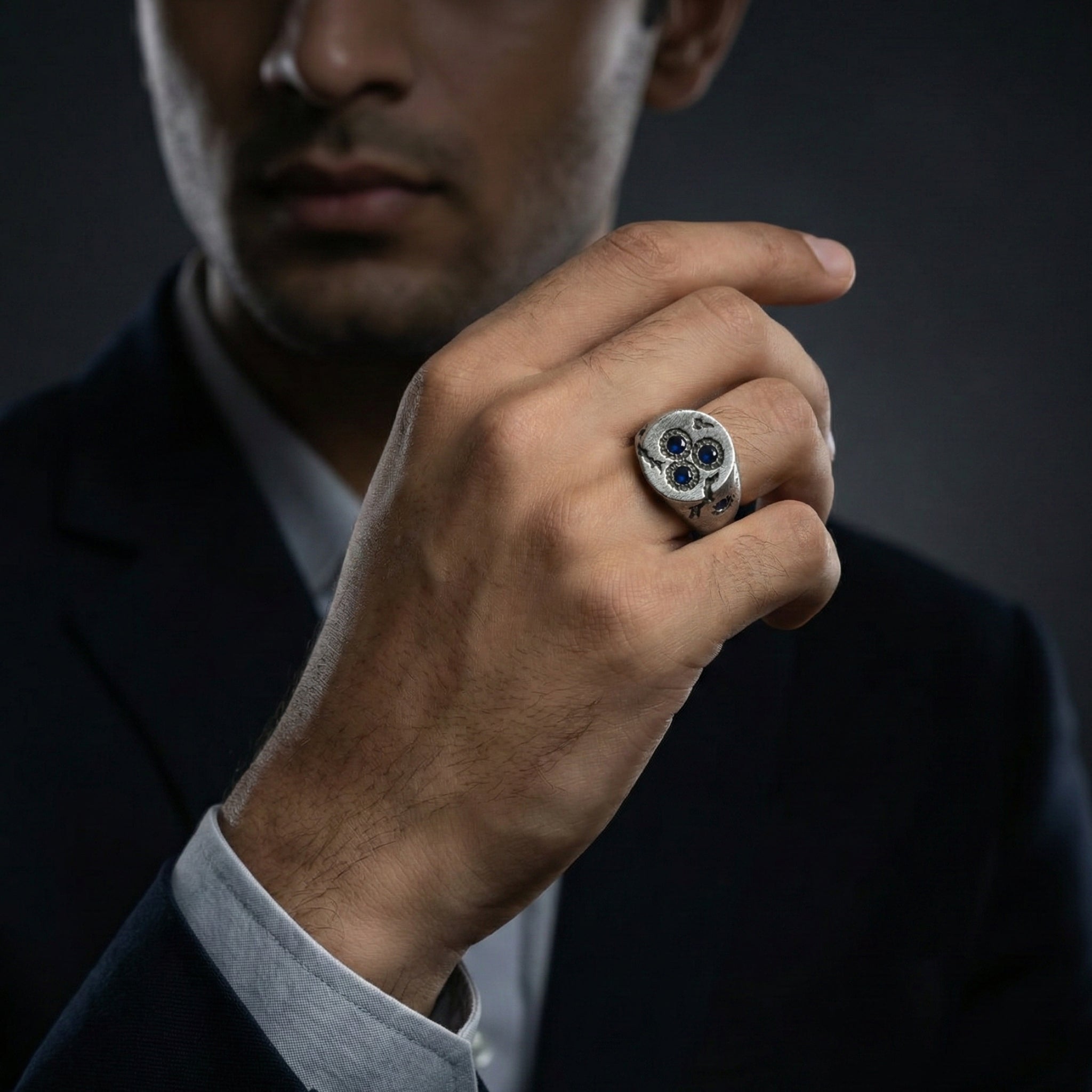 Handcrafted 925 Sterling Silver Blue Sapphire Cluster Ring | Luxury Statement Ring for Men | Oxodize Finish