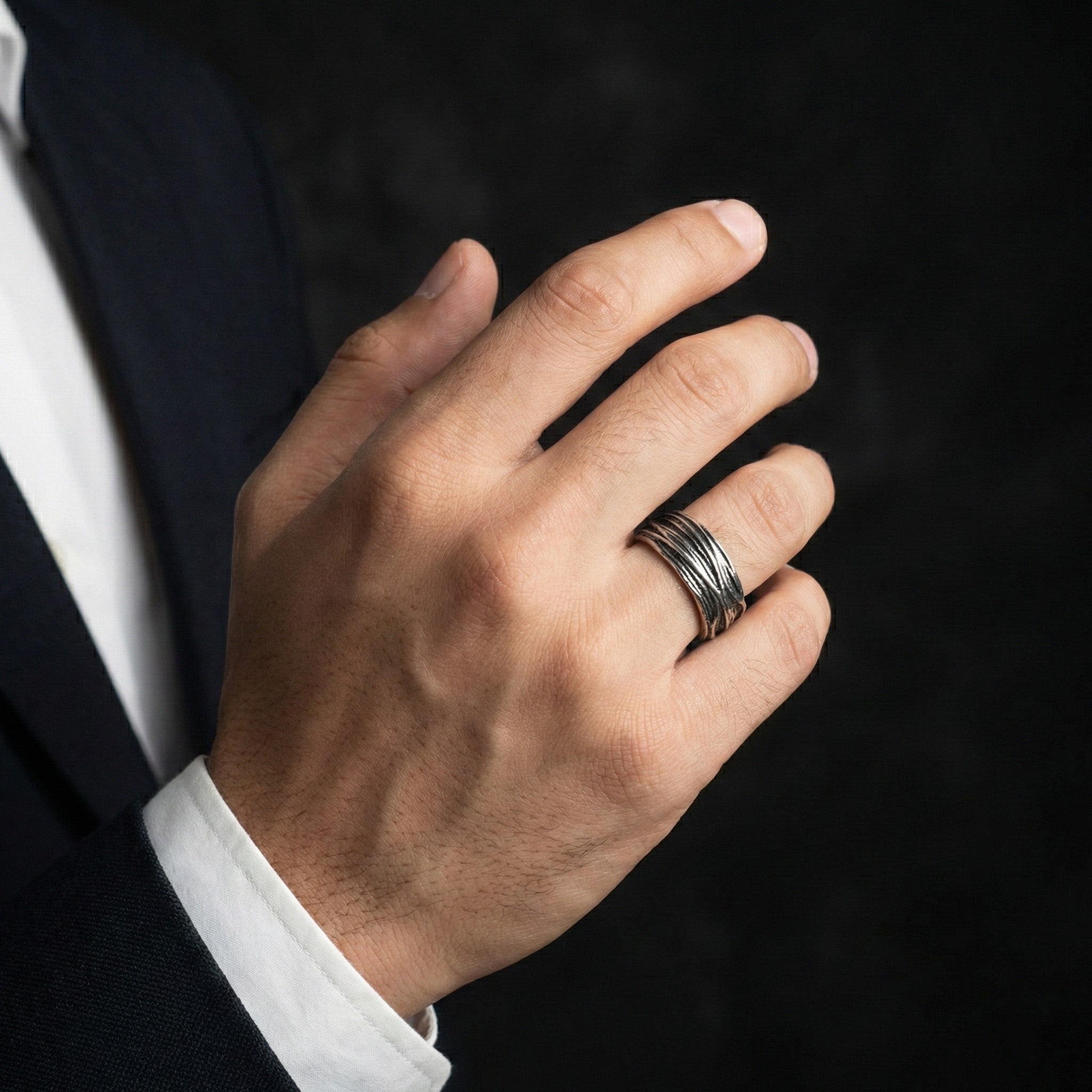 Handcrafted 925 Sterling Silver Layered Textured Band Ring | Luxury Statement Ring for Men | Oxodize Finish