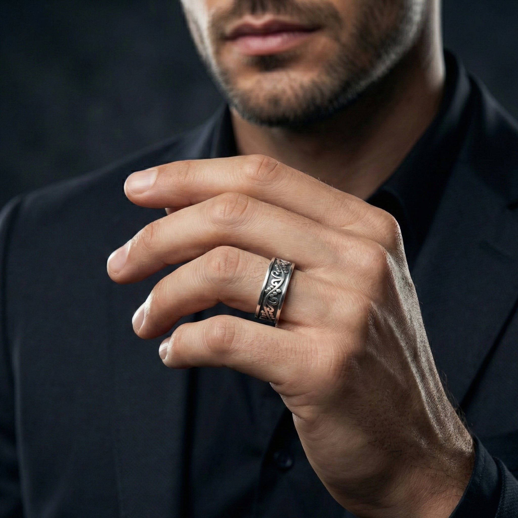 Antique Floral Vine Engraved Band – 925 Sterling Silver