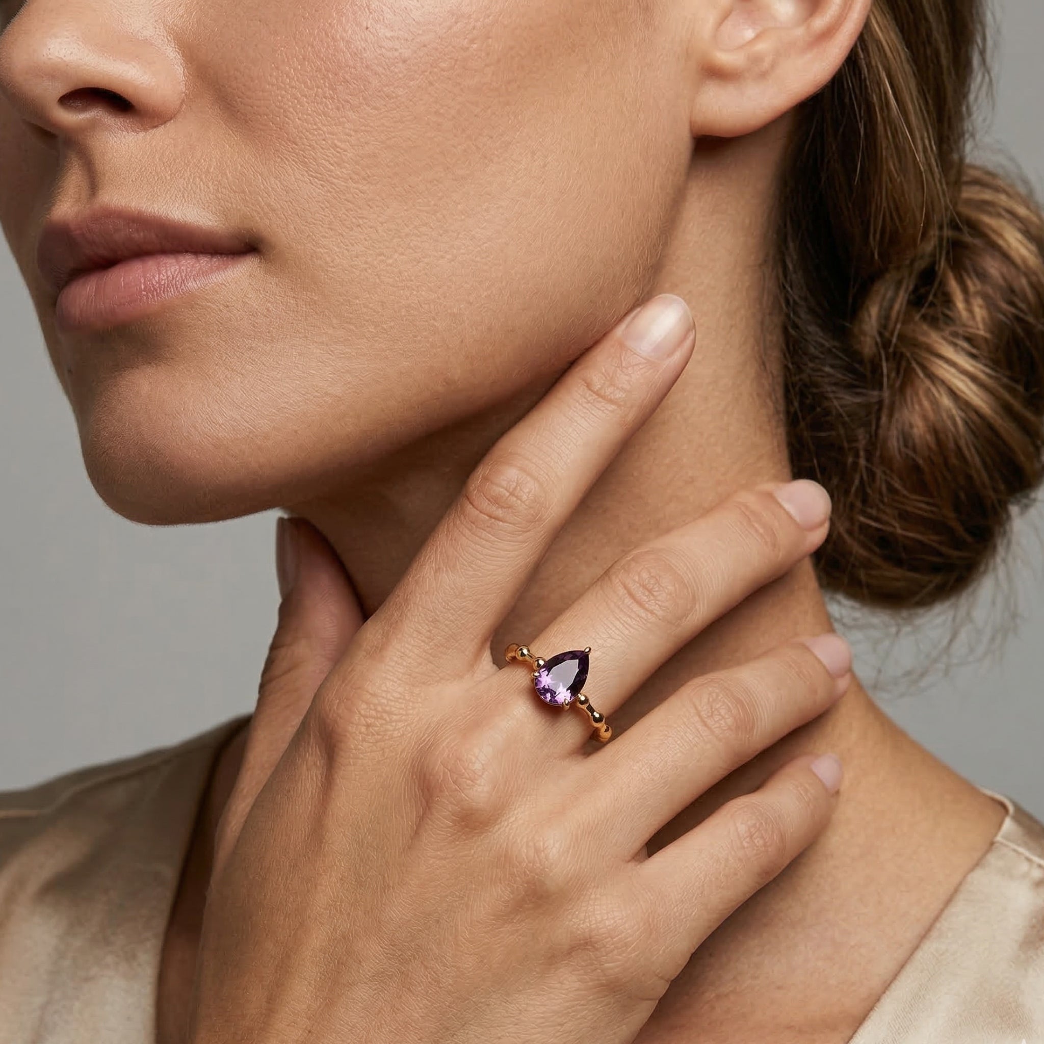 Amethyst Teardrop Gold Engagement Ring – 925 Sterling Silver Women Aesthetic Ring