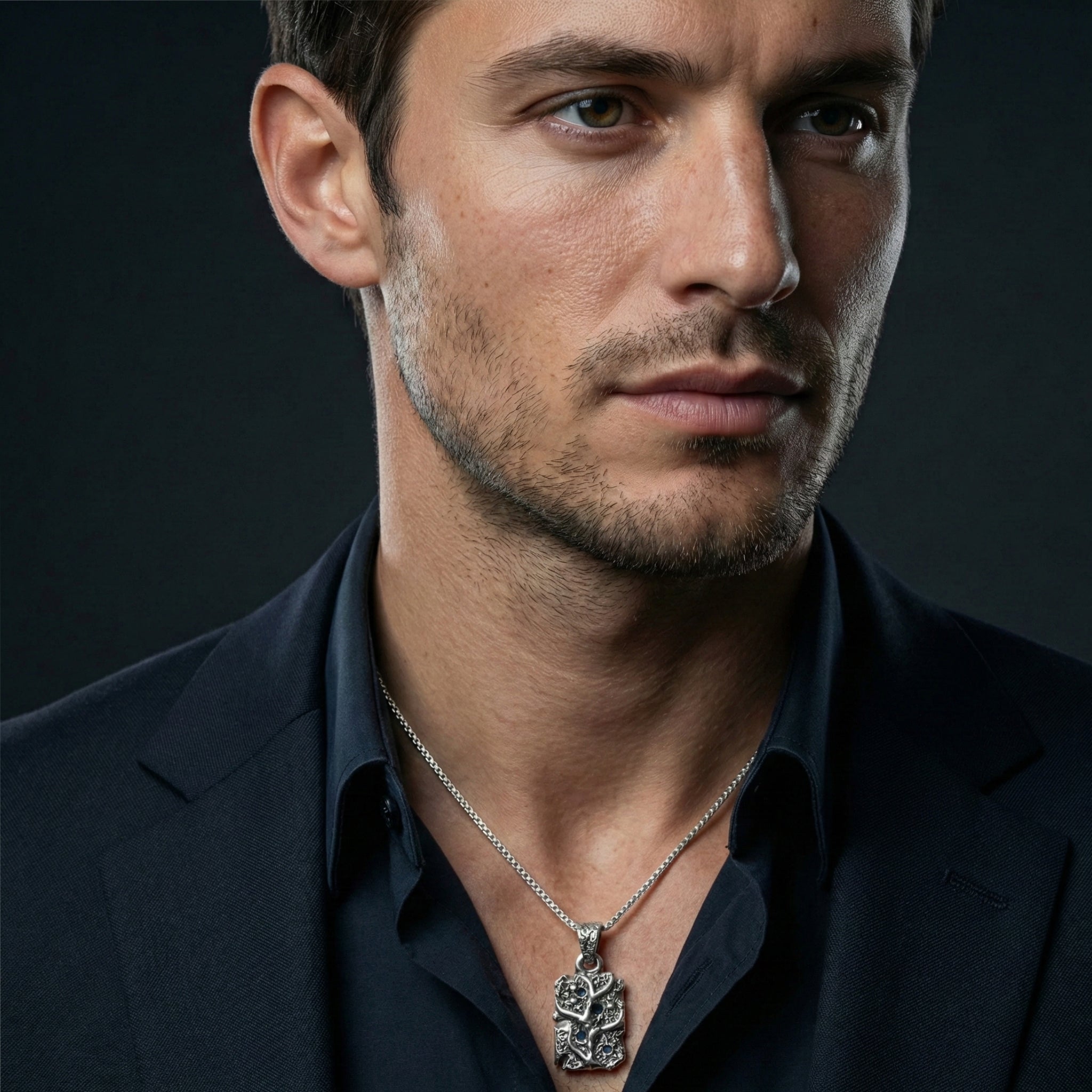 925 Sterling Silver Sculpted Bar Pendant for Men | Oxodize Finish | Handcrafted Statement Pendant with Silver Block Chain