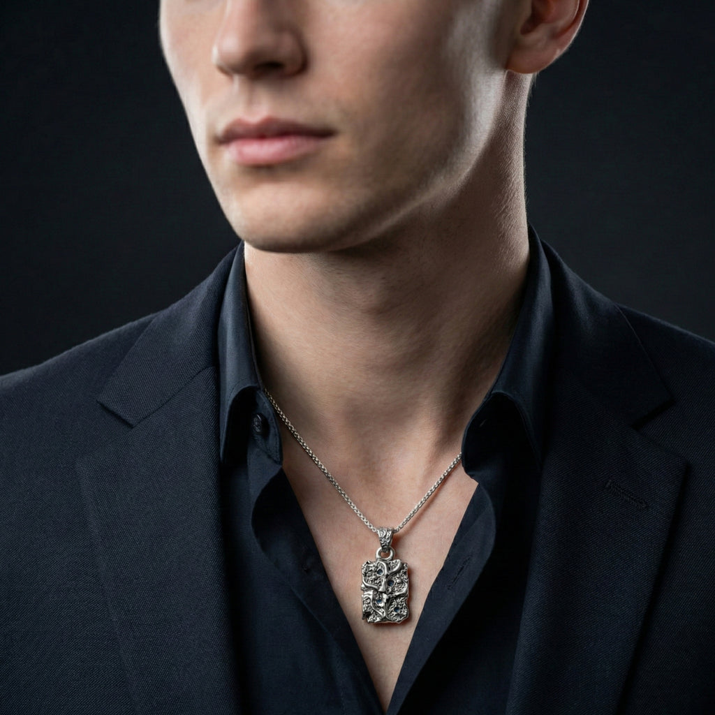 925 Sterling Silver Sculpted Bar Pendant for Men | Oxodize Finish | Handcrafted Statement Pendant with Silver Block Chain