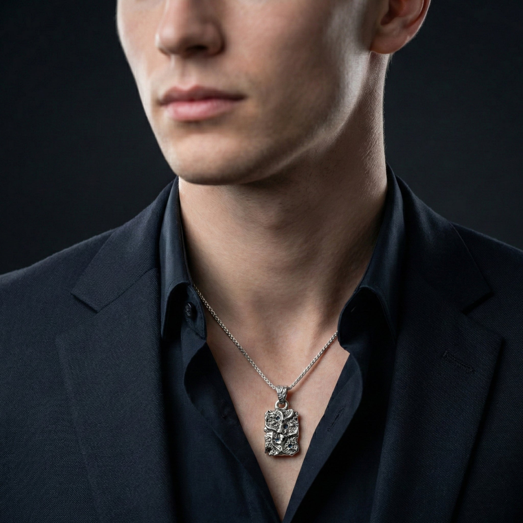 925 Sterling Silver Sculpted Bar Pendant for Men | Oxodize Finish | Handcrafted Statement Pendant with Silver Block Chain