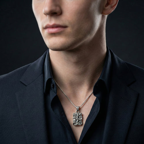 925 Sterling Silver Sculpted Bar Pendant for Men | Oxodize Finish | Handcrafted Statement Pendant with Silver Block Chain