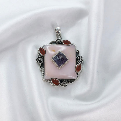 925 Sterling Silver Pink Opal Pendant Carnelian and Amethyst Gemstone Statement Pendant Gift For Her