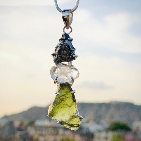 925 Sterling Silver Moldavite, Black Tourmaline and Herkimer Diamond Gemstone Pendant Gift For Loved Ones