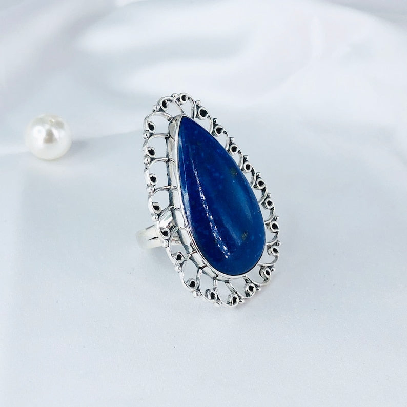 Natural Lapis Lazuli Gemstone 925 Sterling Silver Statement Ring Gift For Her