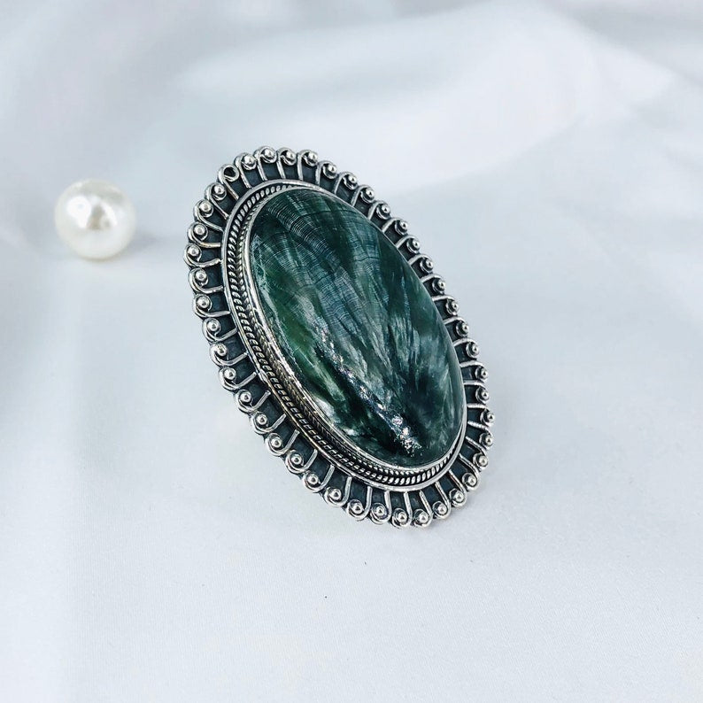 Green Seraphinite Gemstone 925 Sterling Silver Statement Ring