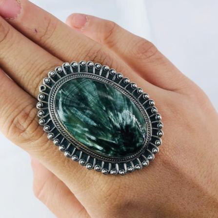 Green Seraphinite Gemstone 925 Sterling Silver Statement Ring