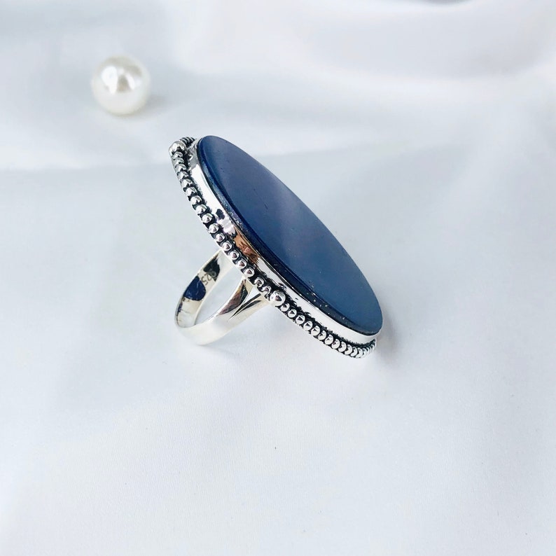 Natural Lapis Lazuli Oval Shape Gemstone 925 Sterling Silver Statement Ring Gift Of Her