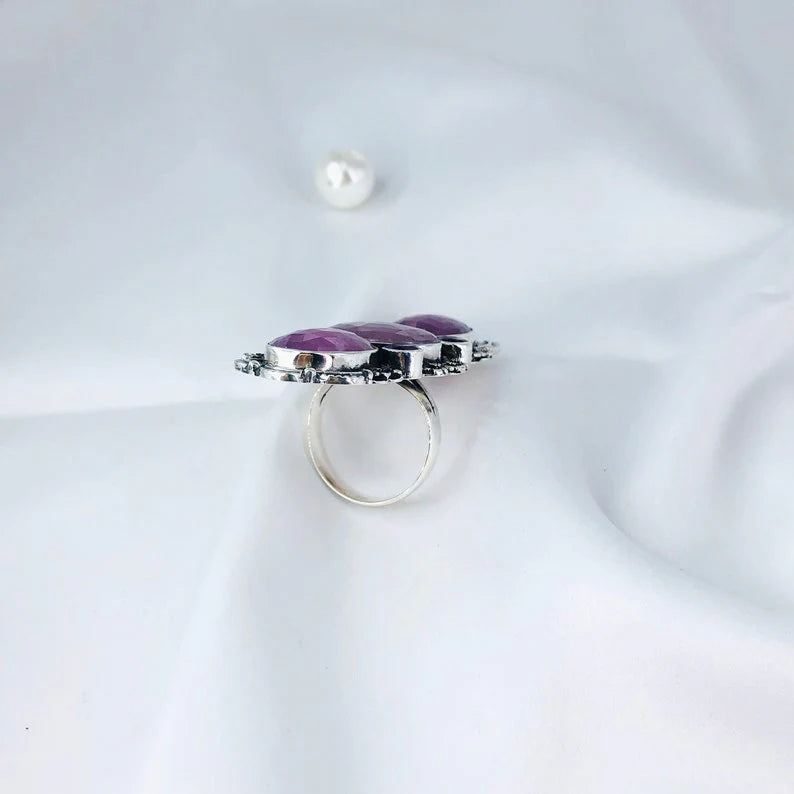 Faceted Ruby And Amethyst Gemstone Solid Sterling Silver Women's Statement Ring