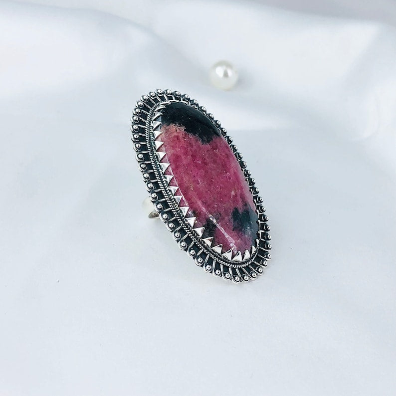 Natural Rhodonite Gemstone 925 Sterling Silver Ring Gift For Her