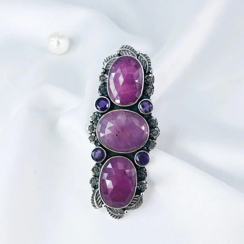 Faceted Ruby And Amethyst Gemstone Solid Sterling Silver Women's Statement Ring