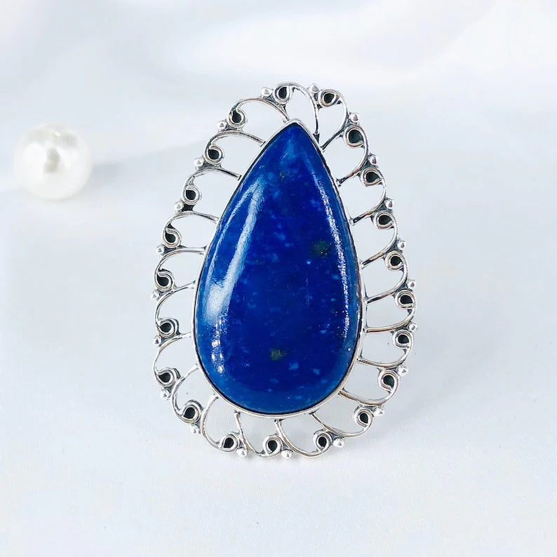 Natural Lapis Lazuli Gemstone 925 Sterling Silver Statement Ring Gift For Her