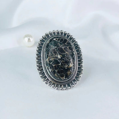 Natural Turritella Jasper Unique Gemstone 925 Sterling Silver Statement Ring