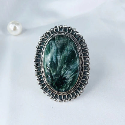 Green Seraphinite Gemstone 925 Sterling Silver Statement Ring