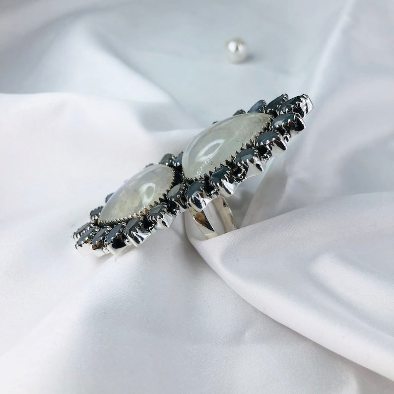 Rainbow Moonstone and Labradorite Blue Fire Gemstone 925 Silver Boho Statement Ring