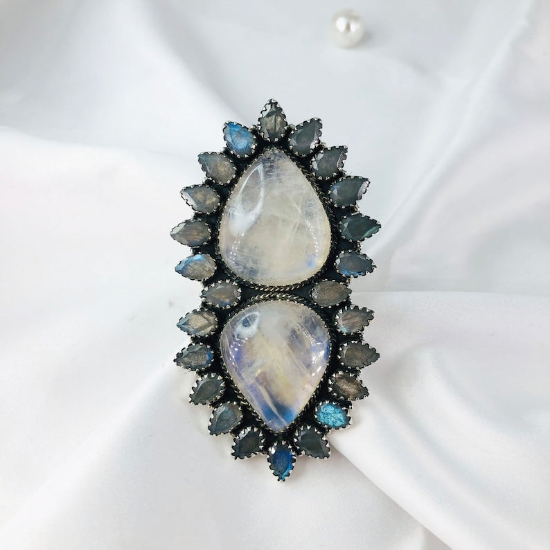 Rainbow Moonstone and Labradorite Blue Fire Gemstone 925 Silver Boho Statement Ring