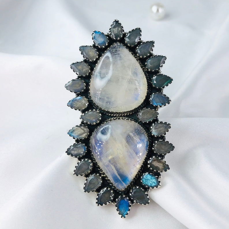 Rainbow Moonstone and Labradorite Blue Fire Gemstone 925 Silver Boho Statement Ring