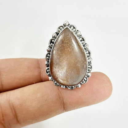 Natural Sunstone Gemstone 925 Sterling Silver Statement Ring Jewelry