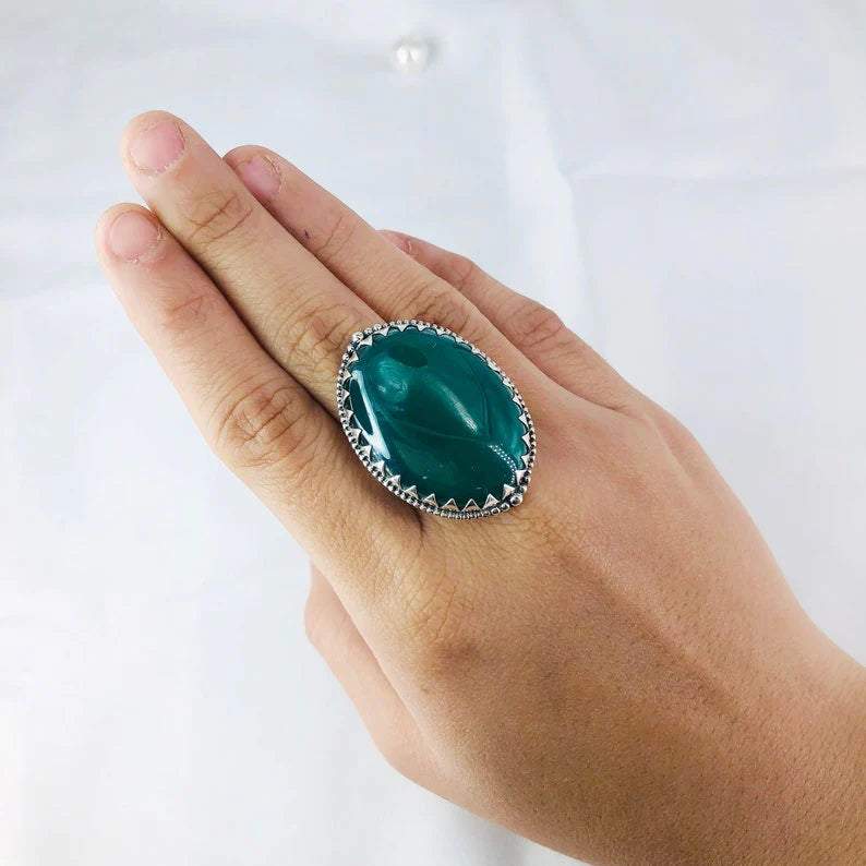 925 Sterling Silver Green Onyx Statement Ring