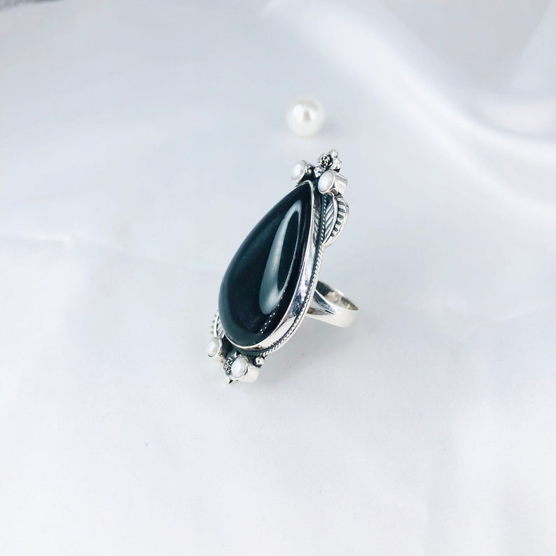 Natural Black Onyx Ring White Pearl Ring 925 Solid Sterling Silver Ring Gift For Her