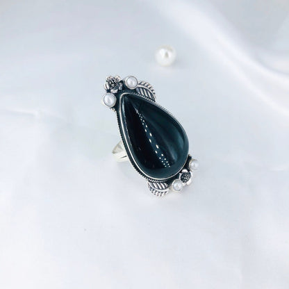 Natural Black Onyx Ring White Pearl Ring 925 Solid Sterling Silver Ring Gift For Her