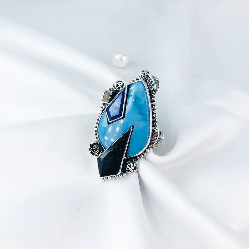 Sterling Silver Natural Larimar, Black Onyx and Lapis Lazuli Unique Design Statement Ring