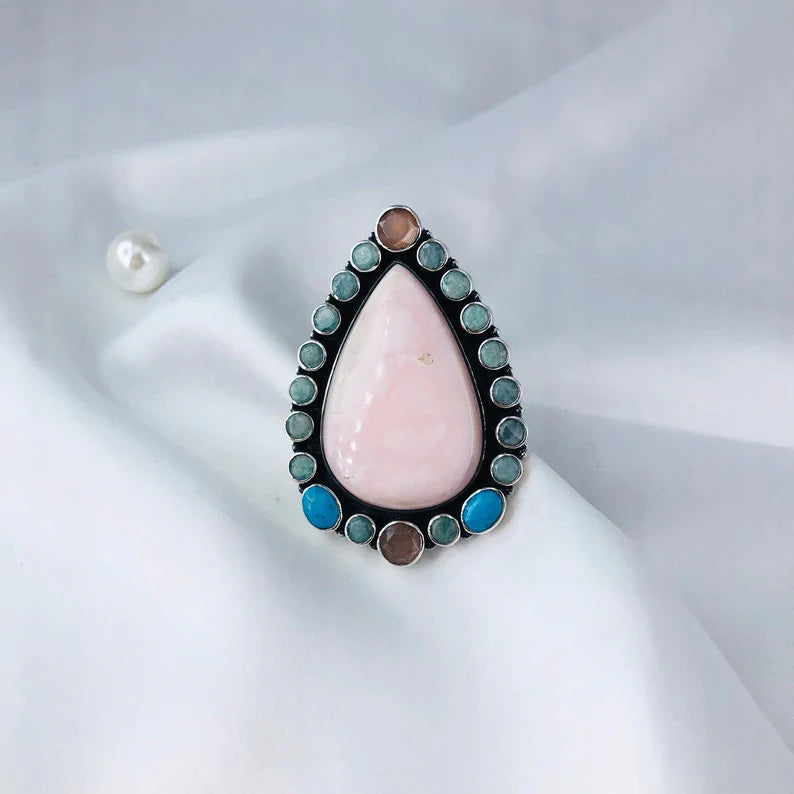 Natural Pink Opal Gemstone 925 Sterling Silver Ring Anniversary Gift For Her