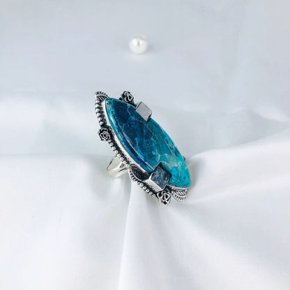 925 Sterling Silver Natural Chrysocolla Apatite & Rainbow Moonstone Statement Ring For Women