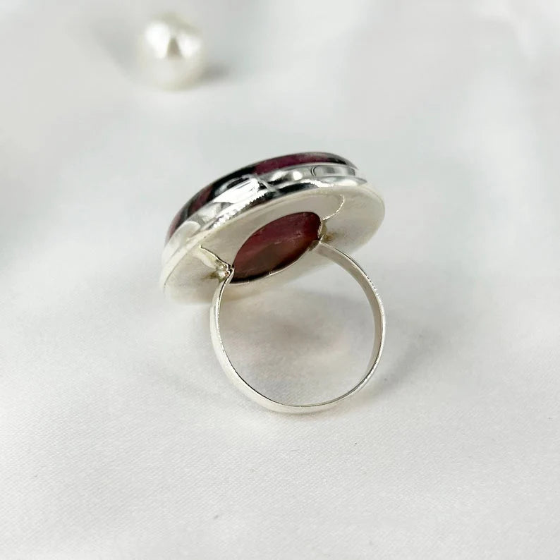 925 Sterling Silver Natural Rhodonite Gemstone Statement Ring For Her