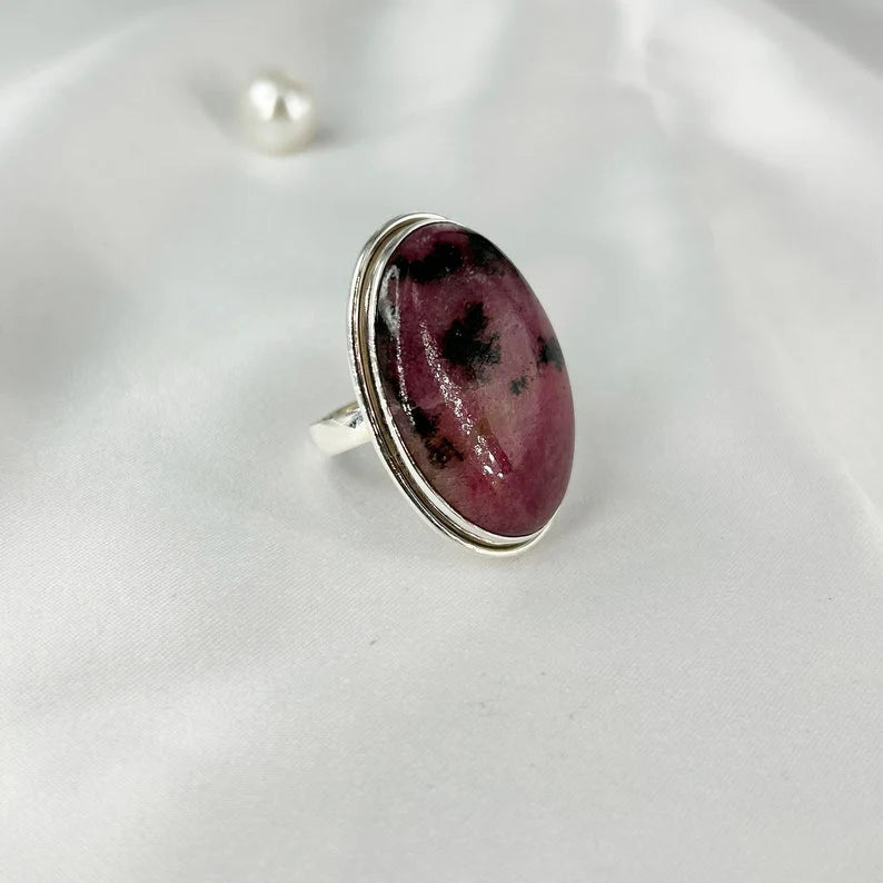 925 Sterling Silver Natural Rhodonite Gemstone Statement Ring For Her