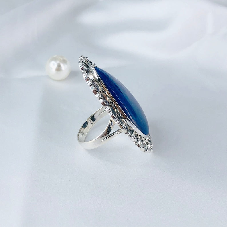 Natural Lapis Lazuli Gemstone 925 Sterling Silver Statement Ring Gift For Her