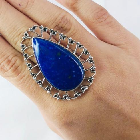 Natural Lapis Lazuli Gemstone 925 Sterling Silver Statement Ring Gift For Her